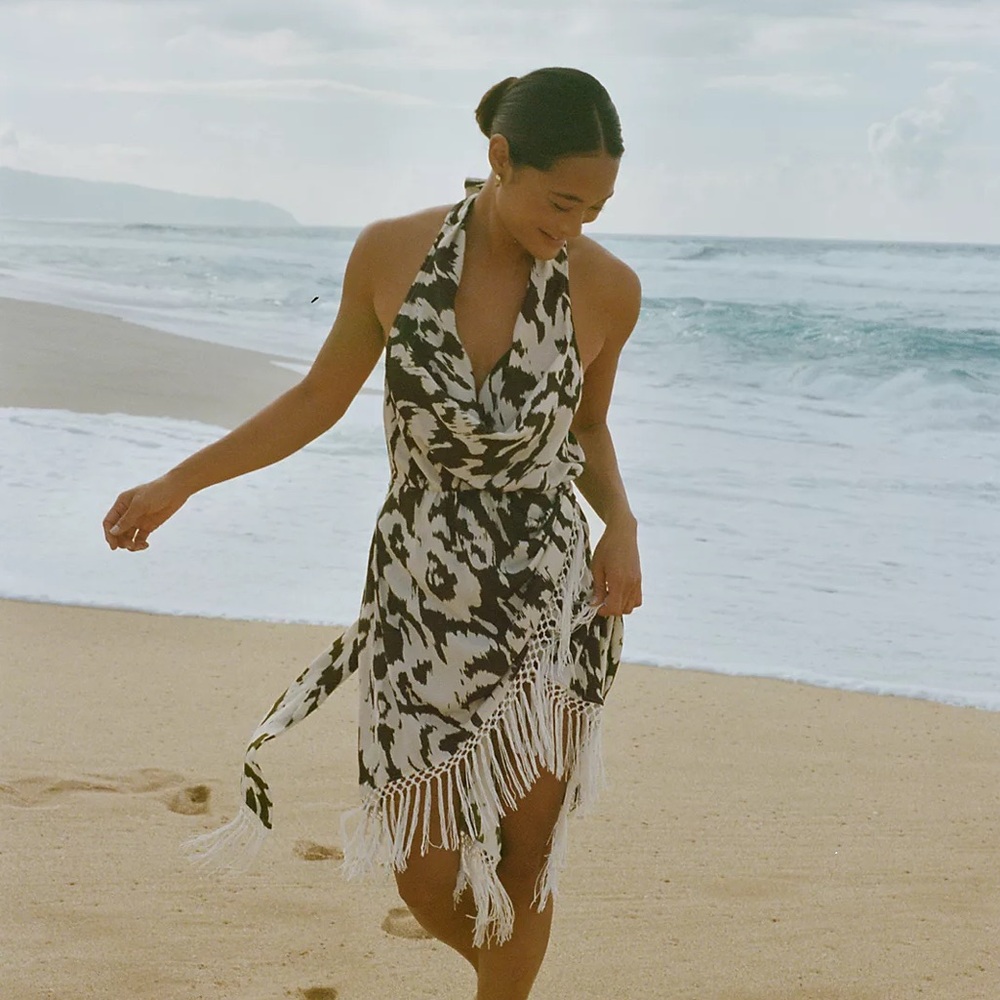 Anthropologie Olive Green & White
Satin Fringe Cover Up Halter Cowl Dress XS